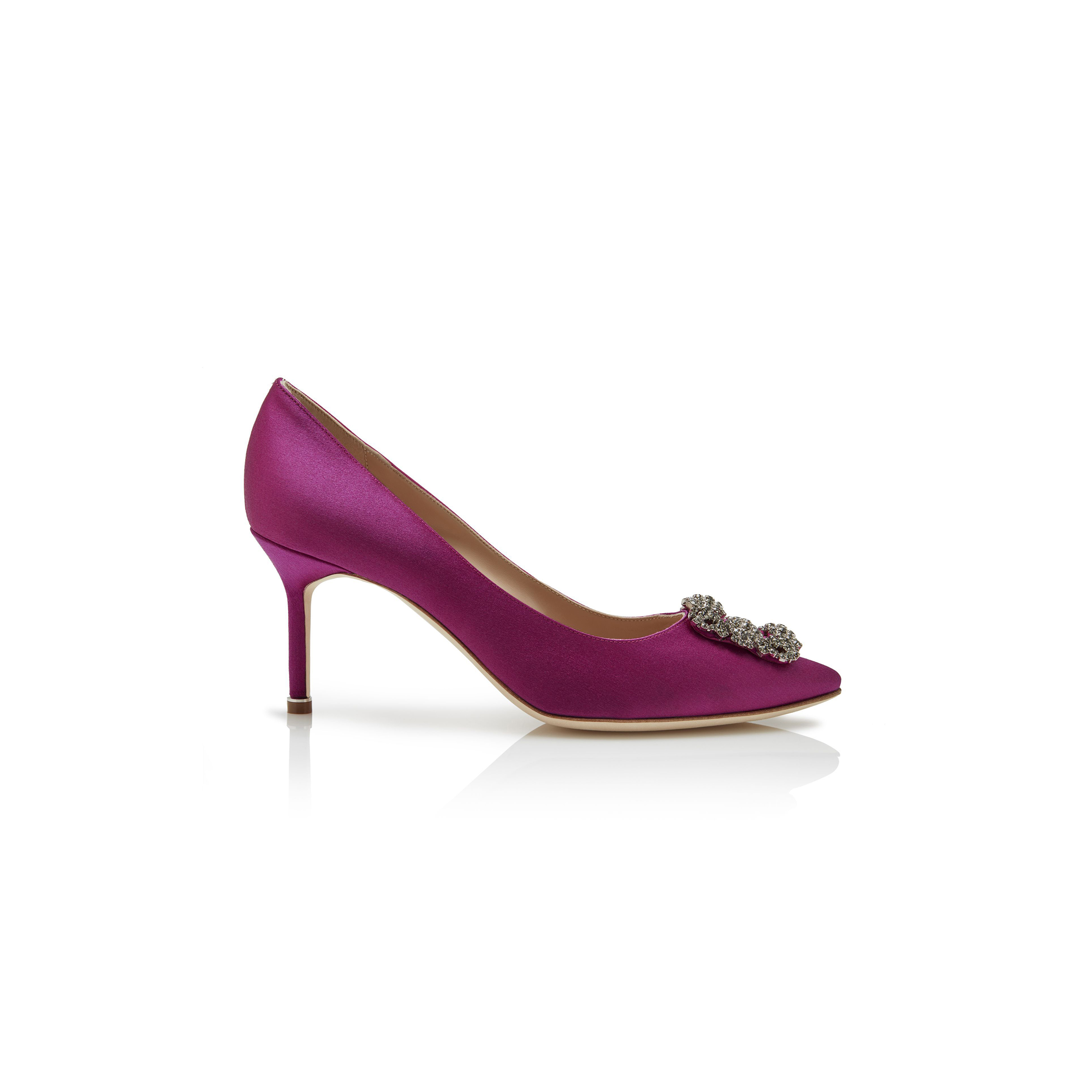 MANOLO BLAHNIK HANGISI 70 DARK FUCHSIA SATIN JEWEL BUCKLE PUMPS 9XX-0662-0038